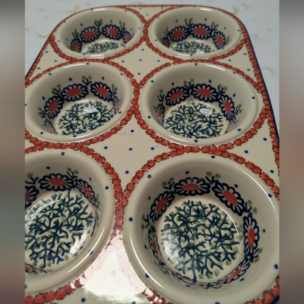 POLISH POTTERY Ceramic Muffin Pan with Unikat Design